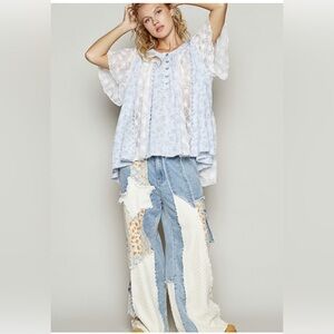 #200 Pol Blue Pearl Floral Top